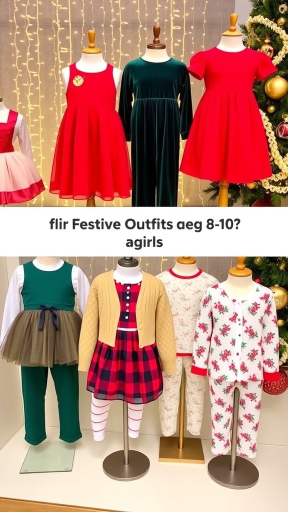 A display of stylish Christmas outfits for girls aged 8-10, including dresses, jumpsuits, and festive pajamas.